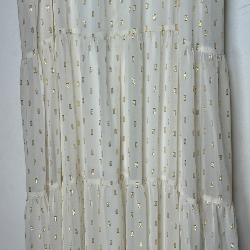 Express Tiered Maxi Dress Womens White Gold Metallic Foil‎ Clip Dot Boho Medium - Picture 8 of 14